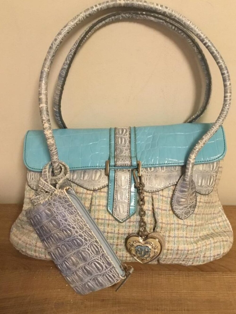 Sharif Blue Multi-Python & Croc Embossed Leather Shoulder Bag w/Wristlet & Charm - Picture 2 of 12